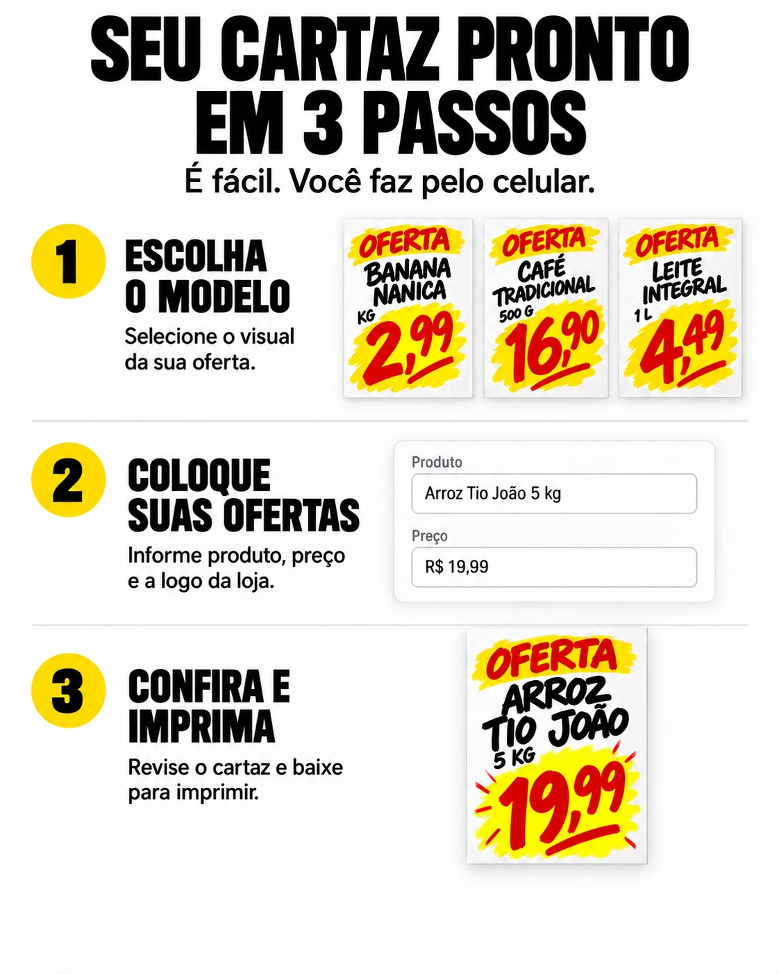 Seu cartaz pronto em três passos: escolha o modelo, coloque suas ofertas, confira e imprima