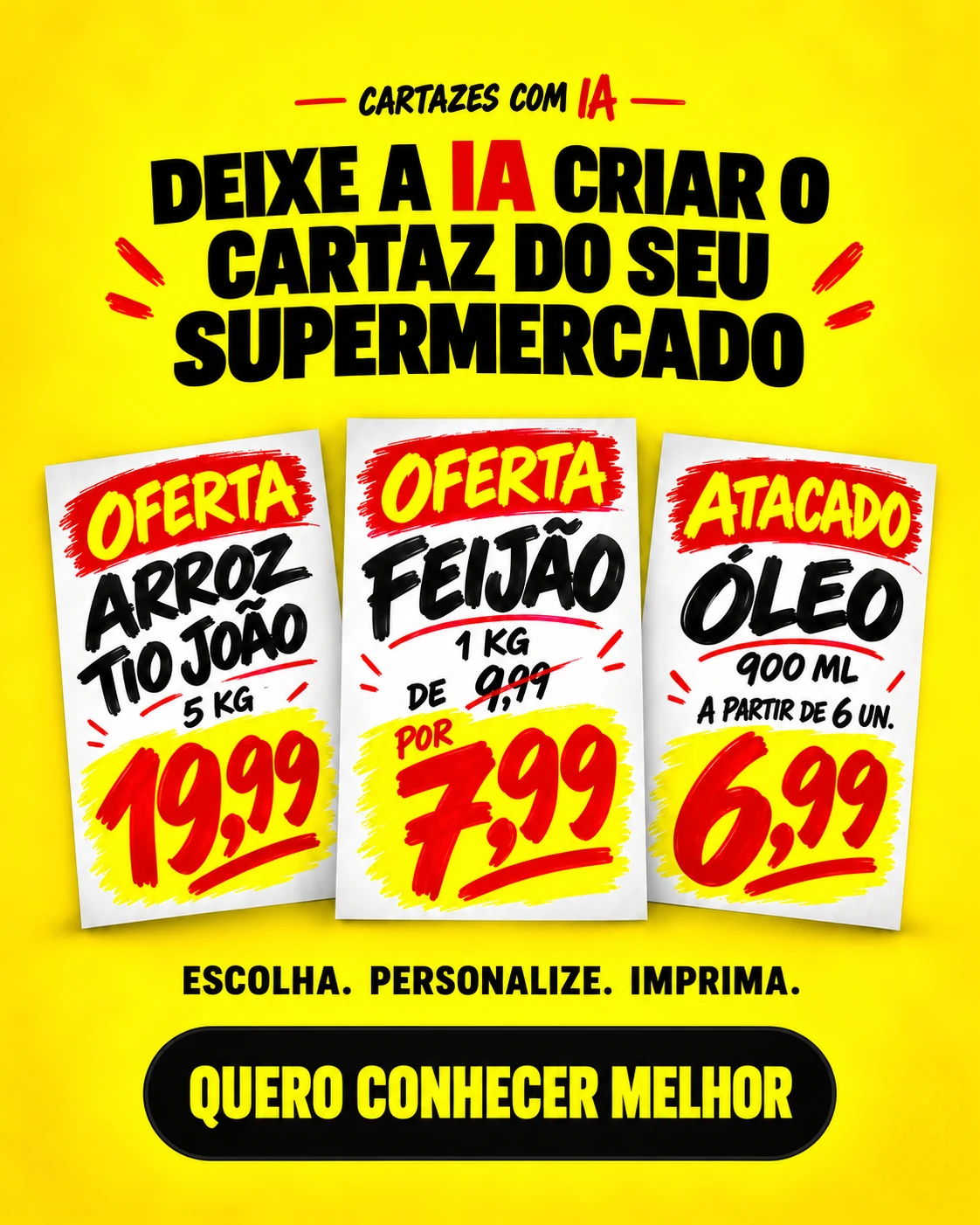 Apresentação do Cartazes com IA com três modelos de cartazes e a chamada Quero conhecer melhor