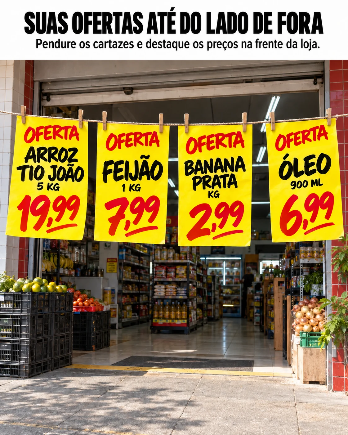 Suas ofertas até do lado de fora: imagem completa do varal com quatro cartazes amarelos na frente do supermercado