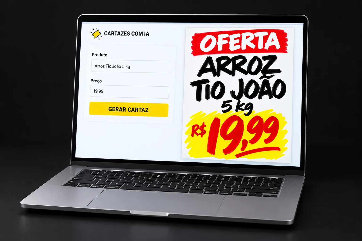 Notebook mostrando a criação de um cartaz, com os campos de produto e preço e a prévia da oferta