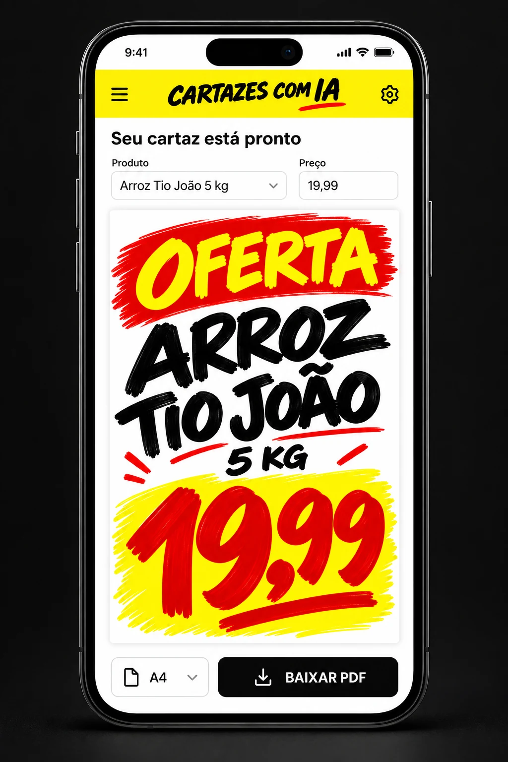 Mockup do aplicativo no celular, com campos de produto e preço, cartaz pronto e opção Baixar PDF